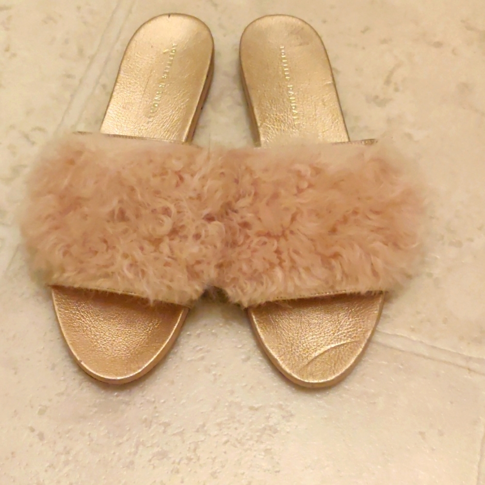 Loeffler Randall Domino Slides Metallic Rose Gold Faux Fur Sandal Sz 8.5